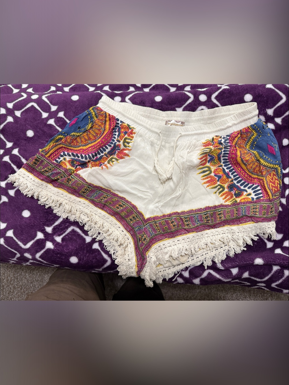 Boho Embroidered Fringe Shorts - Cream with Multicolor Print